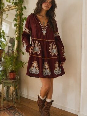 LetMeBe Embroidered 100% Cotton Boho Mini Dress Burgundy MP Petite Medium